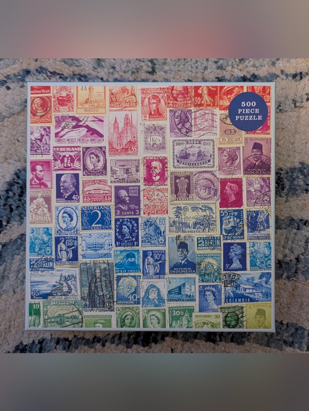 Vintage Multicolor Stamp Collage 500-Piece Puzzle By Phat Dog Vintage